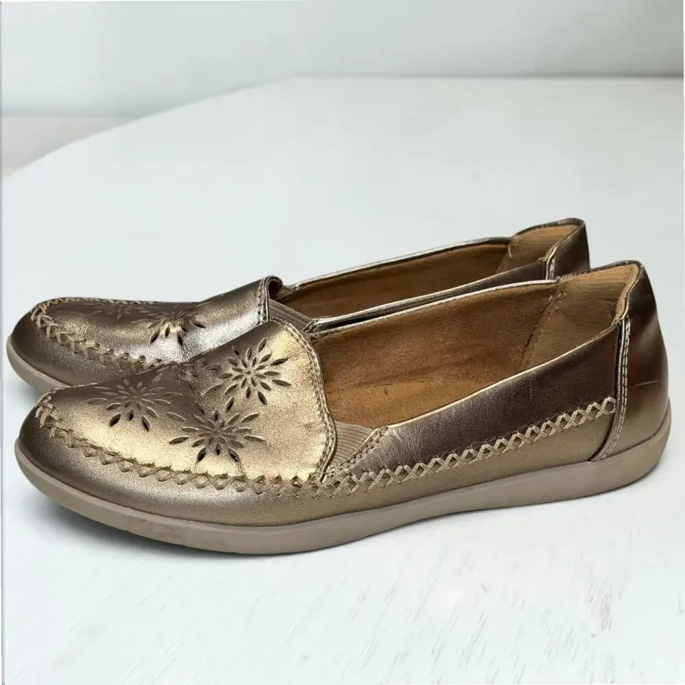 Earth Origins Freya Washed Gold Leather Whipstitch Comfort Flats Loafers Sz 6M